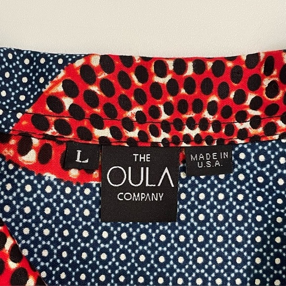 NEW The Oula Company Tiered Maxi Printed Cotton Shirt Dress Blue Red Large - Picture 10 of 11